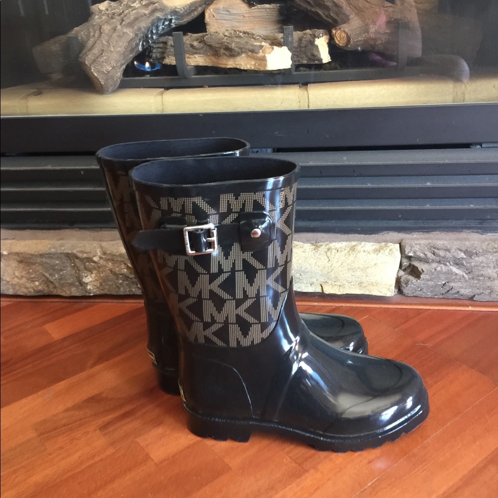 Michael Kors MK Logo Black and Brown Mid-Calf Rain Boots - Picture 1 of 8